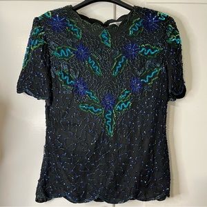 Vintage 80s/90s Pappélle Boutique Evening Silk Beaded Short Sleeve Blouse